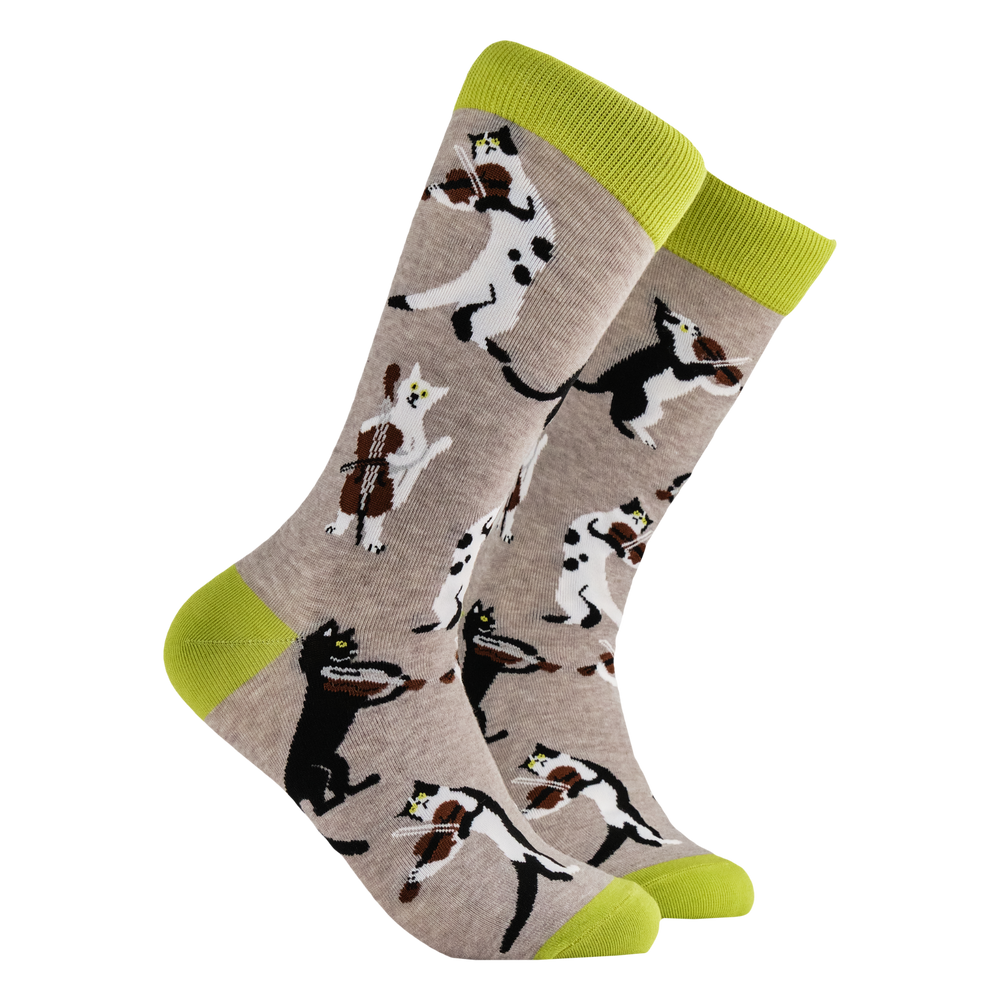 Cat Socks - String Quartet. A pair of socks depicting cats playing string instruments. Grey legs, green heel toe and cuff. 