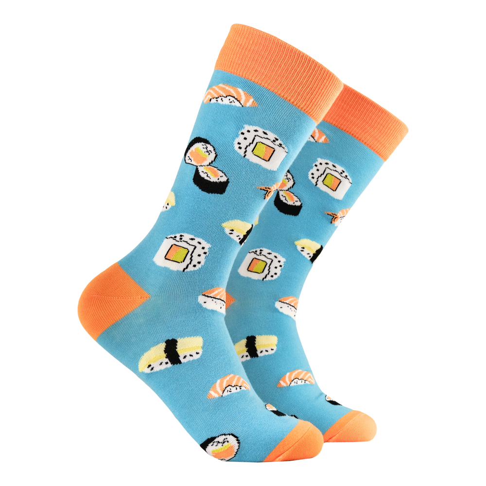 Sushi Socks. A pair of socks with a sushi motif. Bright blue legs, orange heel, toe and cuff. 