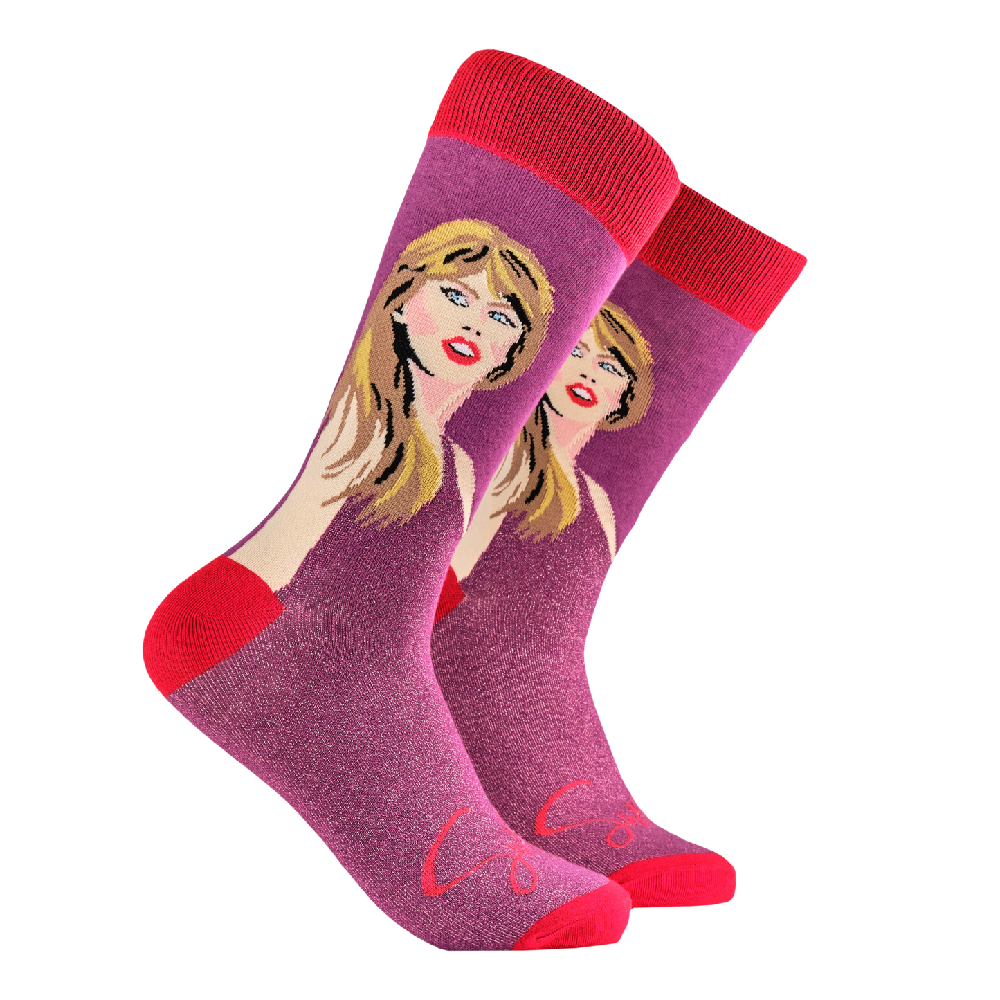 Taylor Swift Socks - Swifties. A pair of socks featuring Taylor Swift. Pink glittery legs, red heel toe and cuff. 