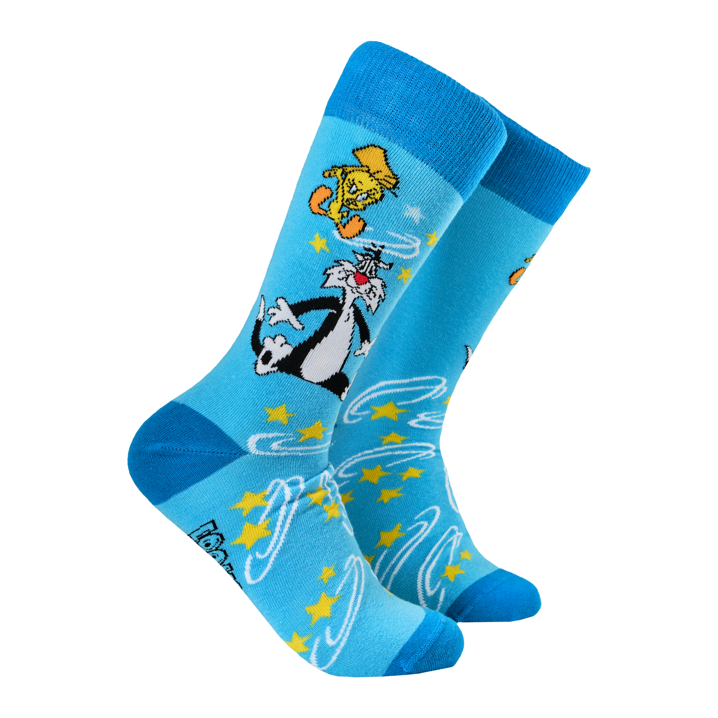 Looney Tunes Socks - Sylvester & Tweety. A pair of socks depicting Sylvester & Tweety. Blue legs, dark blue heel, cuff and toe. 