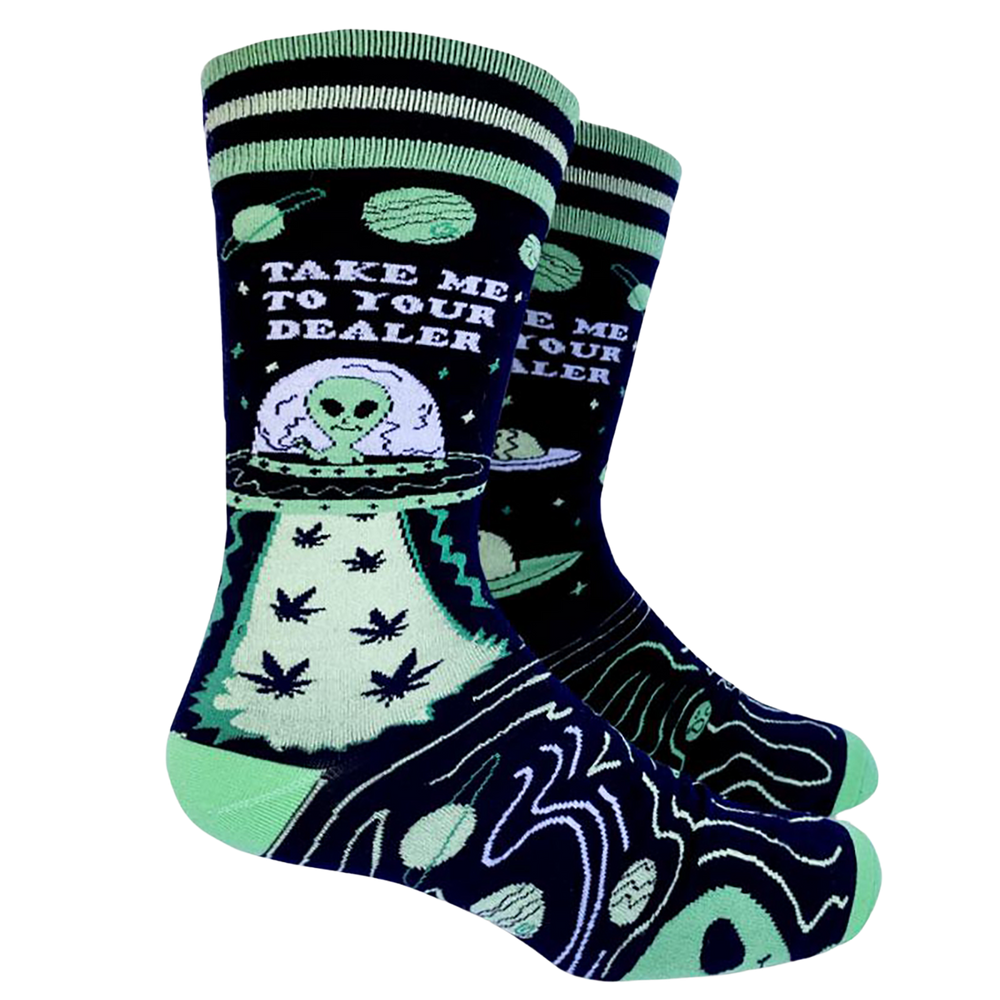 Take Me to your Dealer Socks - Large. A pair of socks depicting aliens landing as asking where they can buy some weed. Green toes, cuff and heel. 