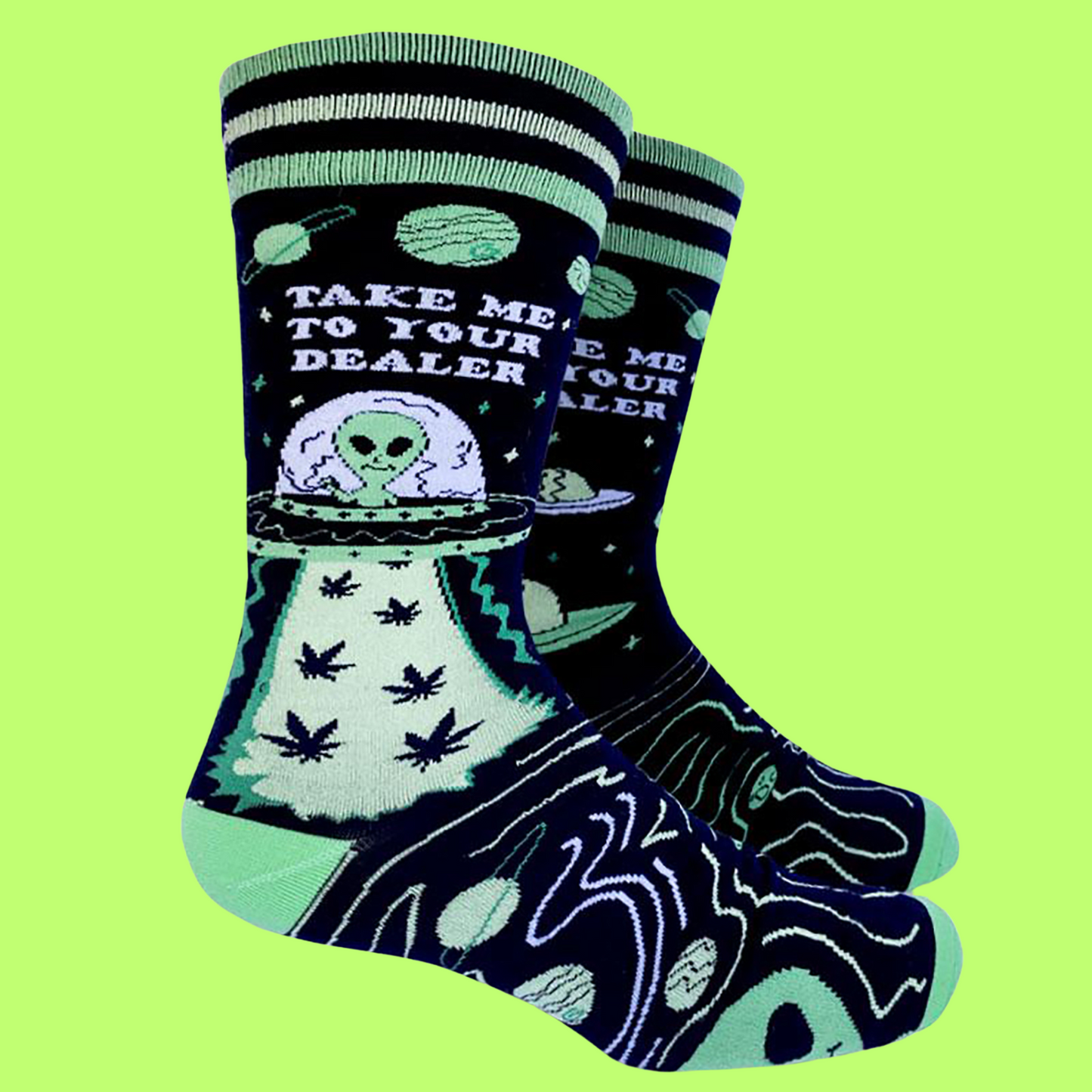 A pair of socks depicting aliens landing as asking where they can buy some weed. Green toes, cuff and heel.