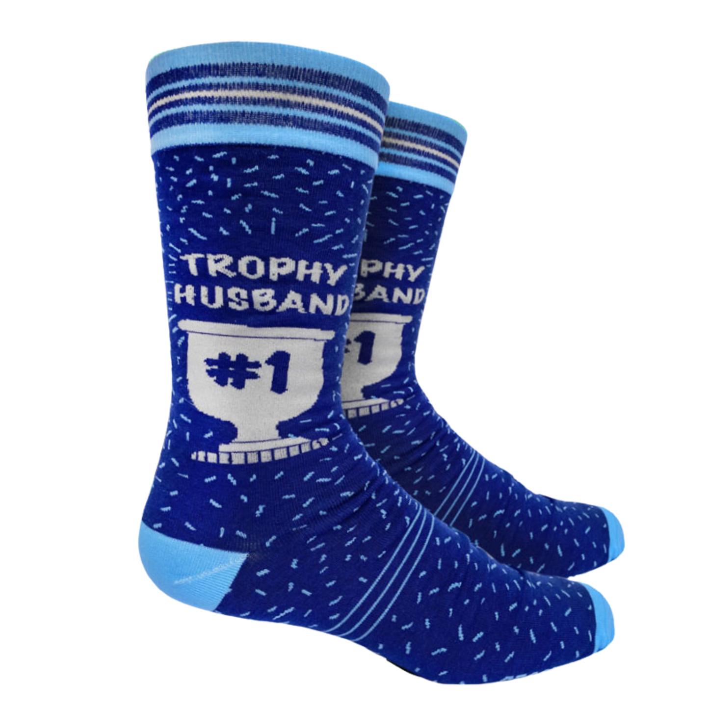 Trophy Husband Slogan Socks. A pair of socks with a Trophy Husband motif. Blue legs, light blue toe, heel and cuff. 