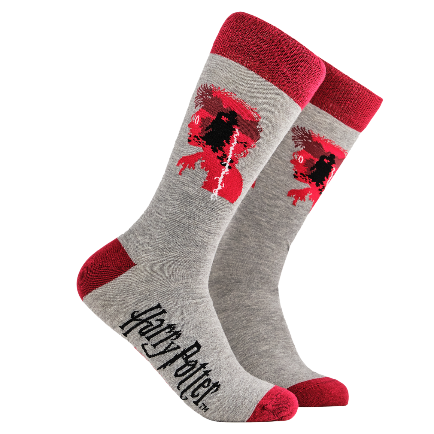 Harry Potter Socks - The Dark Lord. A pair of socks depicting Lord Voldermort. Grey legs, red cuff, heel and toe.