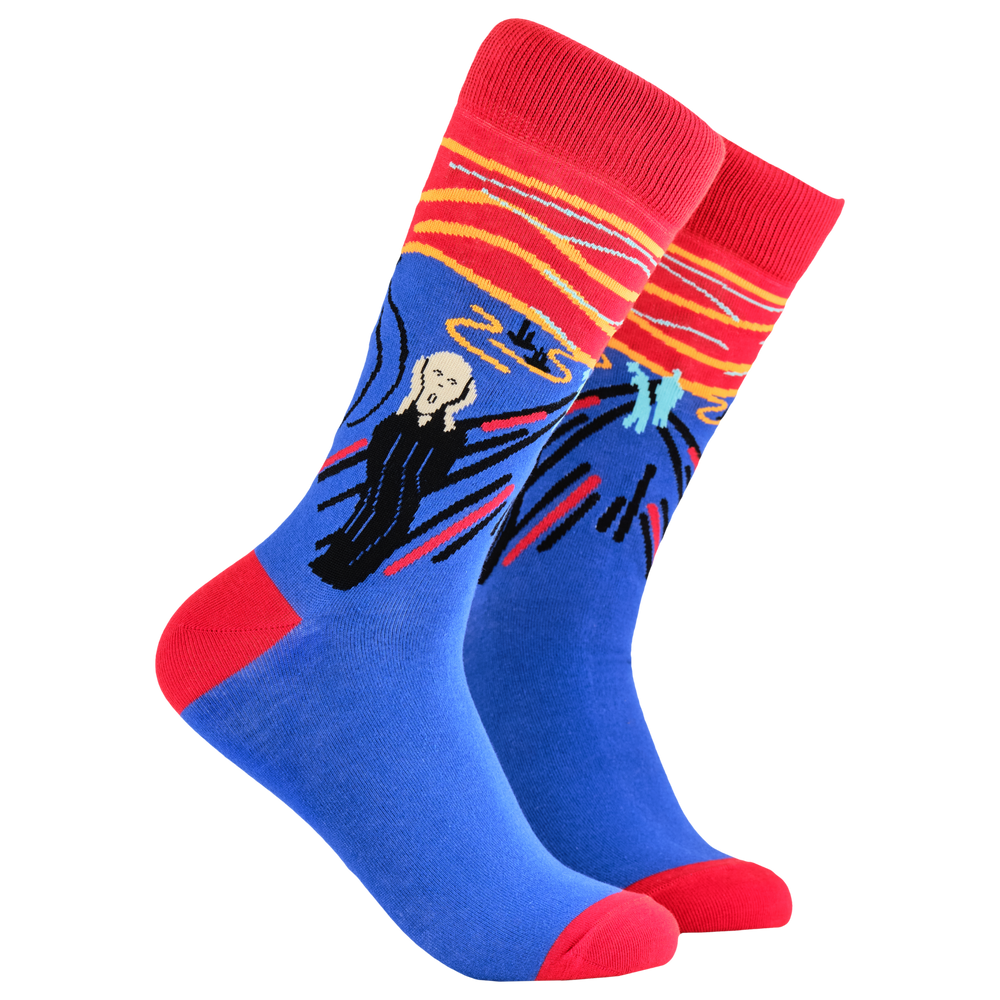 Art Socks - The Scream. A pair of socks depicting the scream. Blue legs, red cuff, heel and toe.
