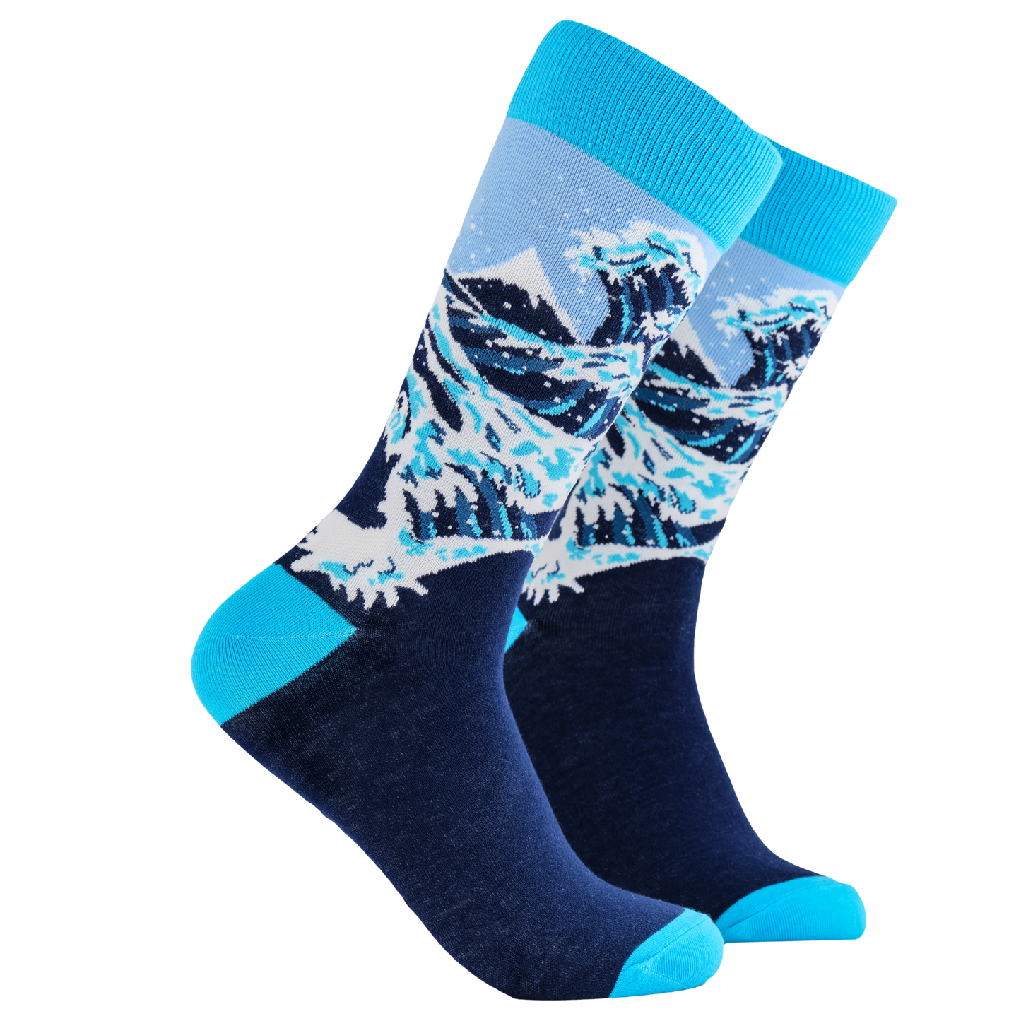 The Wave Art Socks. A pair of socks depicting The Great Wave off Kanagawa. Dark blue legs, bright blue cuff, heel and toe.