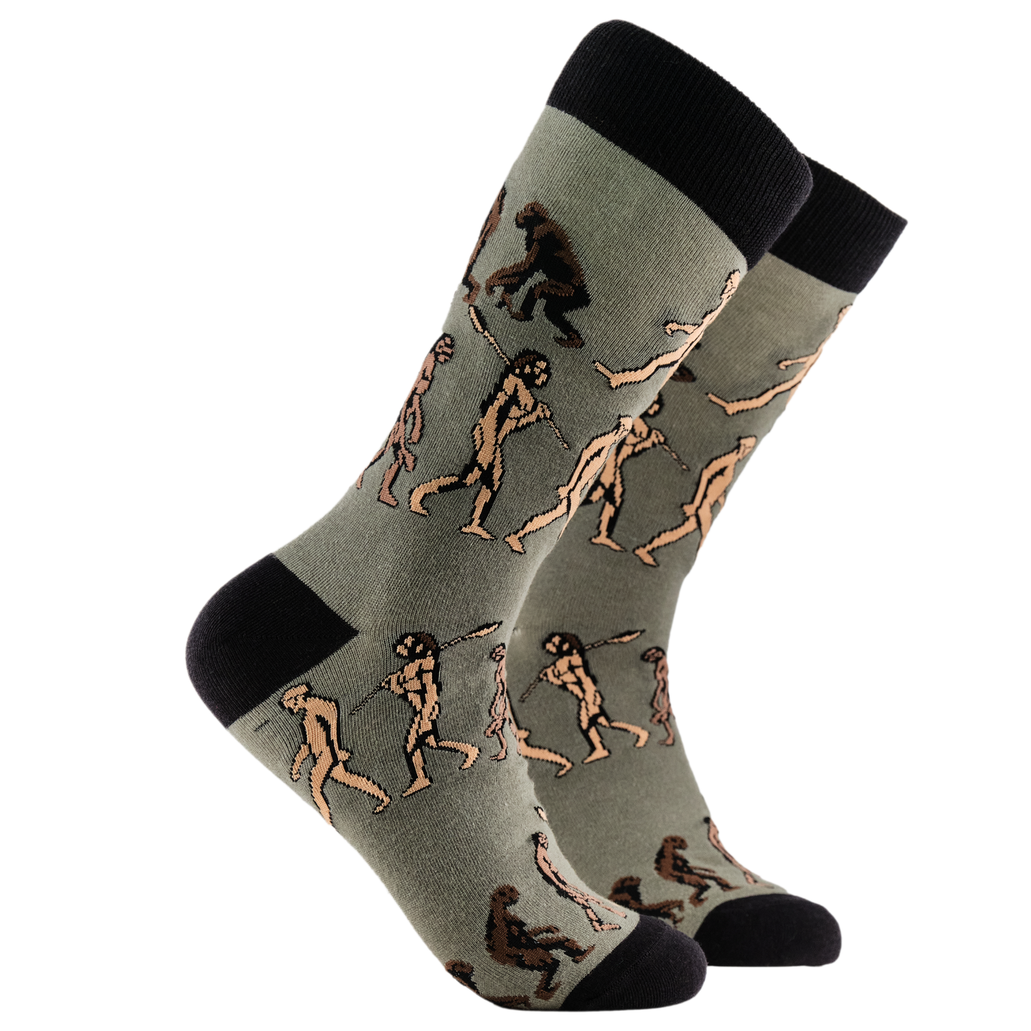 Science Socks - Theory of Evolution. A pair of socks depicting Darwin's theory of evolution. Green legs, black cuff, heel and toe.