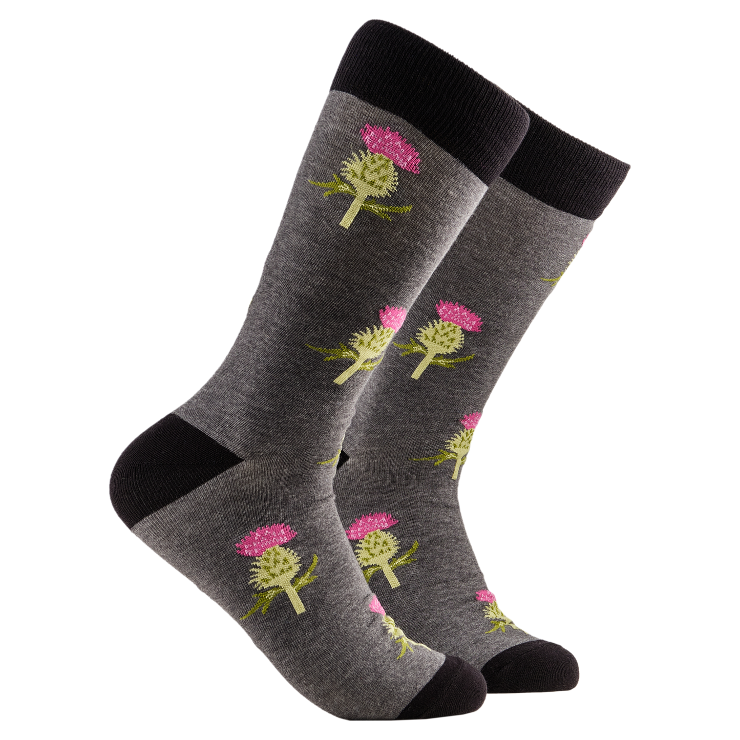 A pair of socks depicting thistles. Grey legs, black cuff, heel and toe.