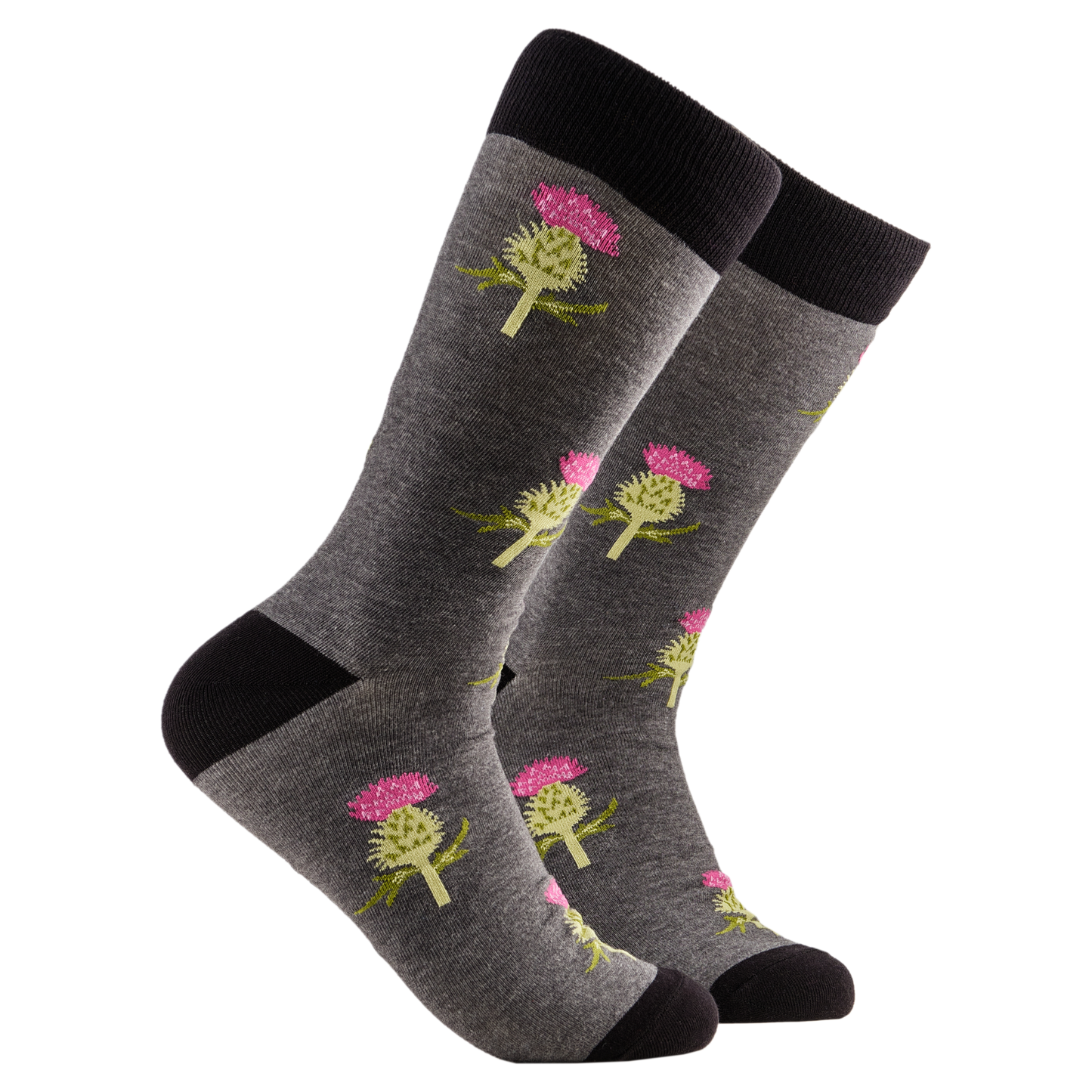 
                  
                    A pair of socks depicting thistles. Grey legs, black cuff, heel and toe.
                  
                