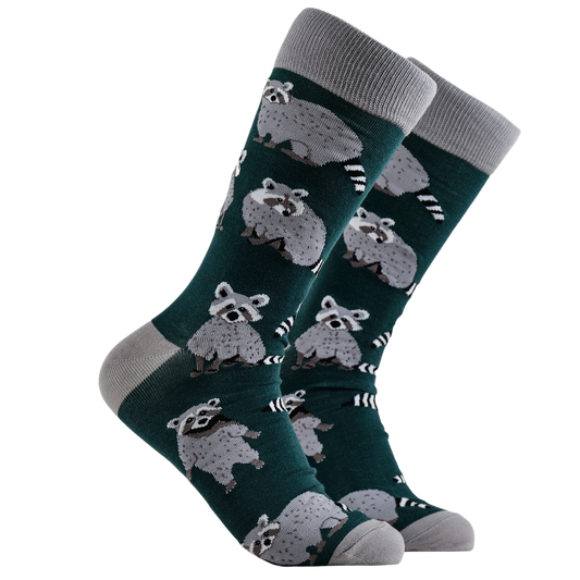 Raccoon Socks - Trash Panda. A pair of socks depicting raccoons. Green legs, grey cuff, heel and toe.