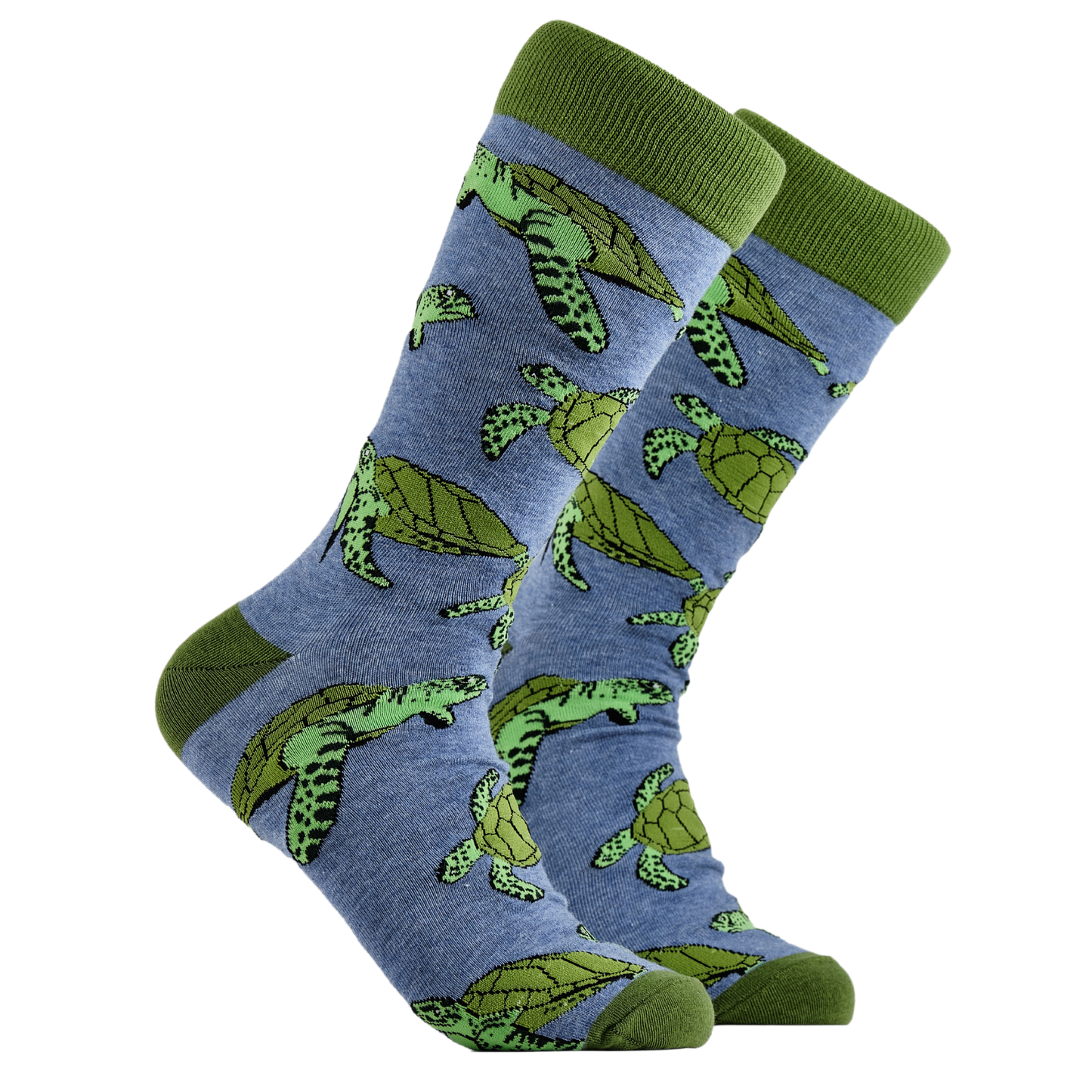 
                  
                    Turtle Socks - Turtle Dude. A pair of socks depicting sea turtles. Blue legs, green cuff, heel and toe.
                  
                