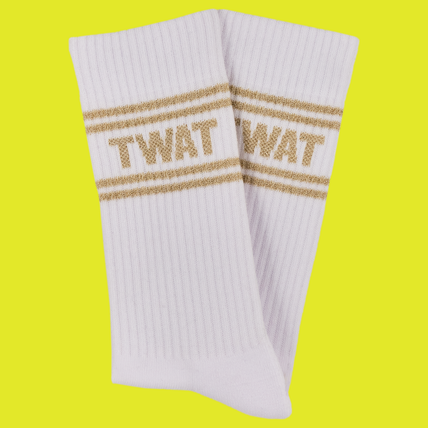 
                  
                    A white pair of athletic socks with gold trim on the ankles and toes. A euphemism for the female genitals on the ankle.
                  
                