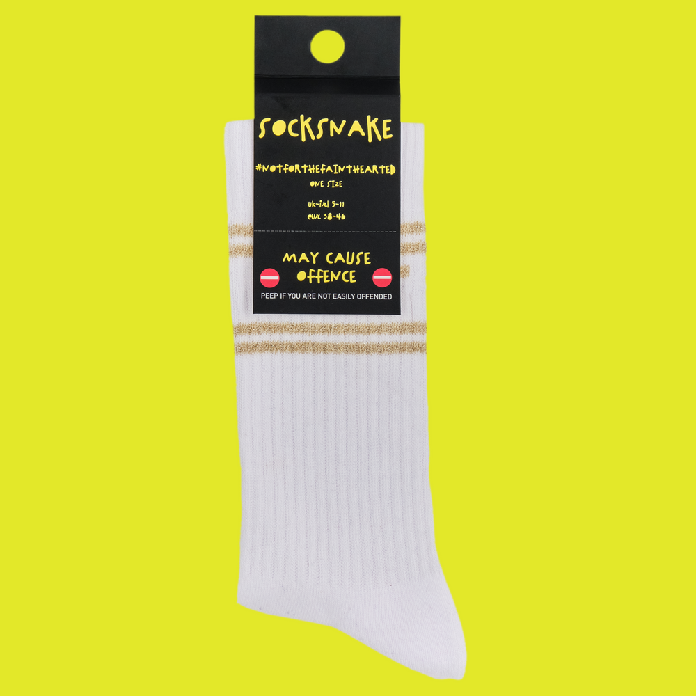 
                  
                    A white pair of athletic socks with gold trim on the ankles and toes. A euphemism for the female genitals on the ankle. In socksnake packaging.
                  
                