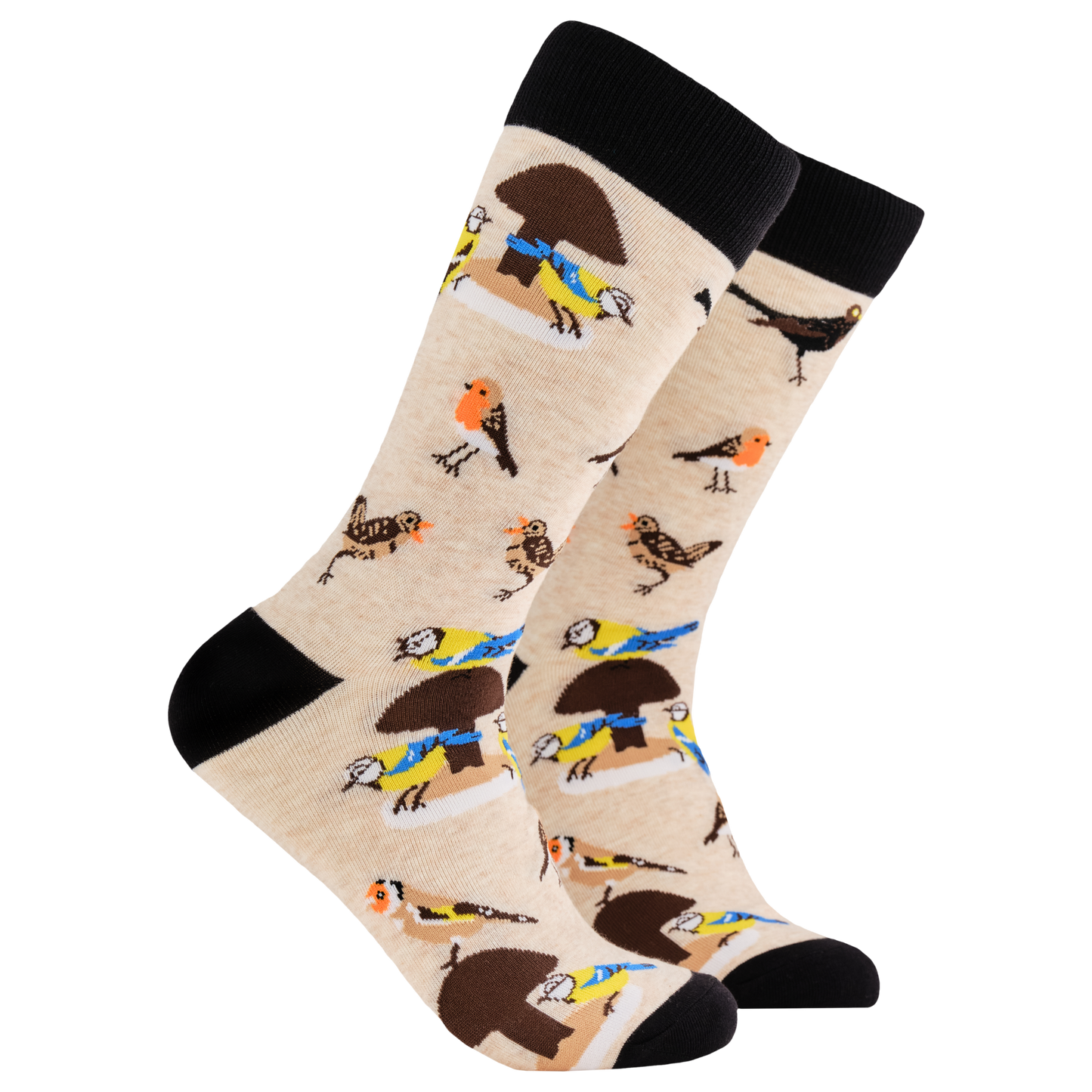 
                  
                    Bird Socks - Tweet Feet. A pair of socks depicting british birds. Oatmeal legs, black cuff, heel and toe.
                  
                