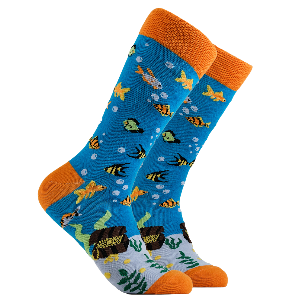 Under The Sea Socks. A pair of socks depicting fish under the sea and some long lost treasure. Blue legs, orange cuff, heel and toe.