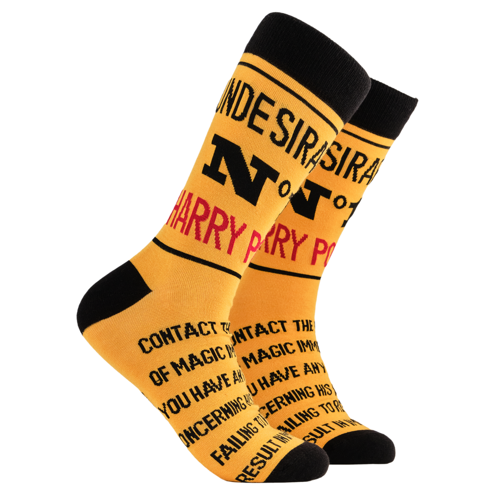 Harry Potter Socks - Undesirable. A pair of socks depicting Harry Potter Undesirable No.1. Yellow legs, black cuff, heel and toe.