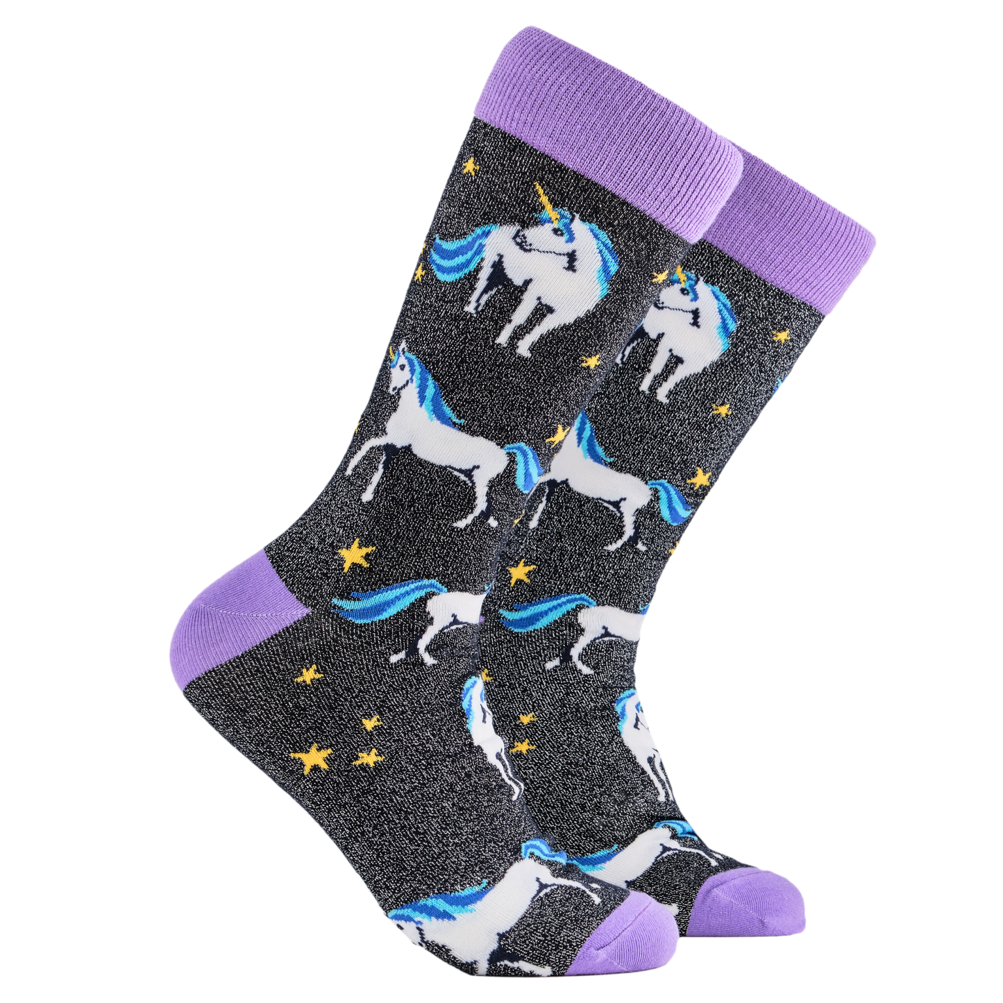 A pair of socks depicting unicorns. Glittery black legs, purple cuff, heel and toe.