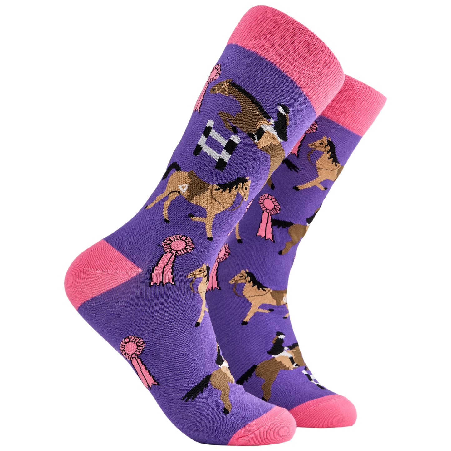 Pony Socks - Pony Club. A pair of socks depicting tea cups and show jumping horses. Purple legs, pink cuff, heel and toe.