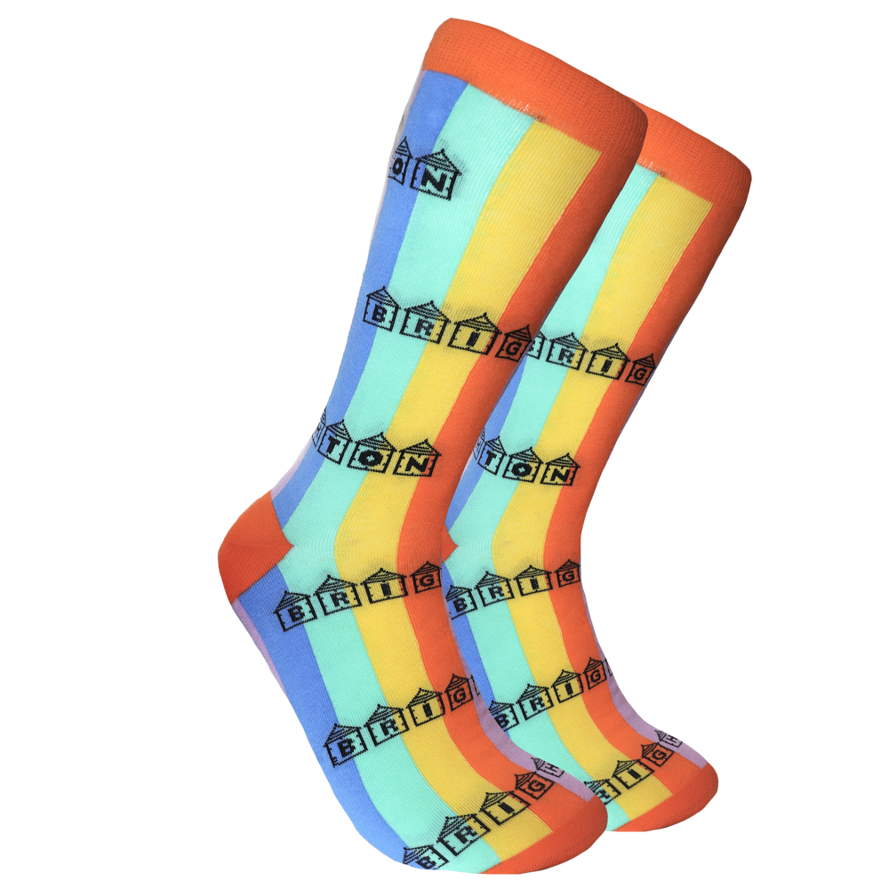 Brighton Beach Hut Socks - Competition Winner. Rainbow striped socks with Brighton written inside beach huts. 