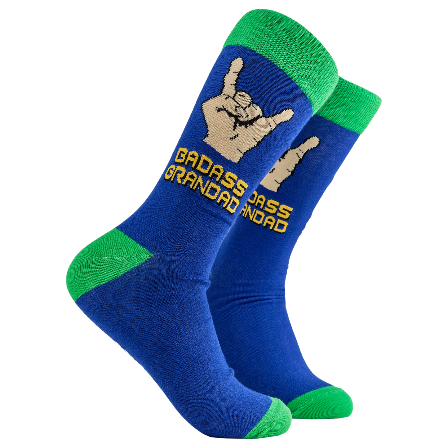 Badass Grandad Socks. A pair of socks depicting metal horns that say 'Badass Grandad. Blue legs, green cuff, heel and toe. 