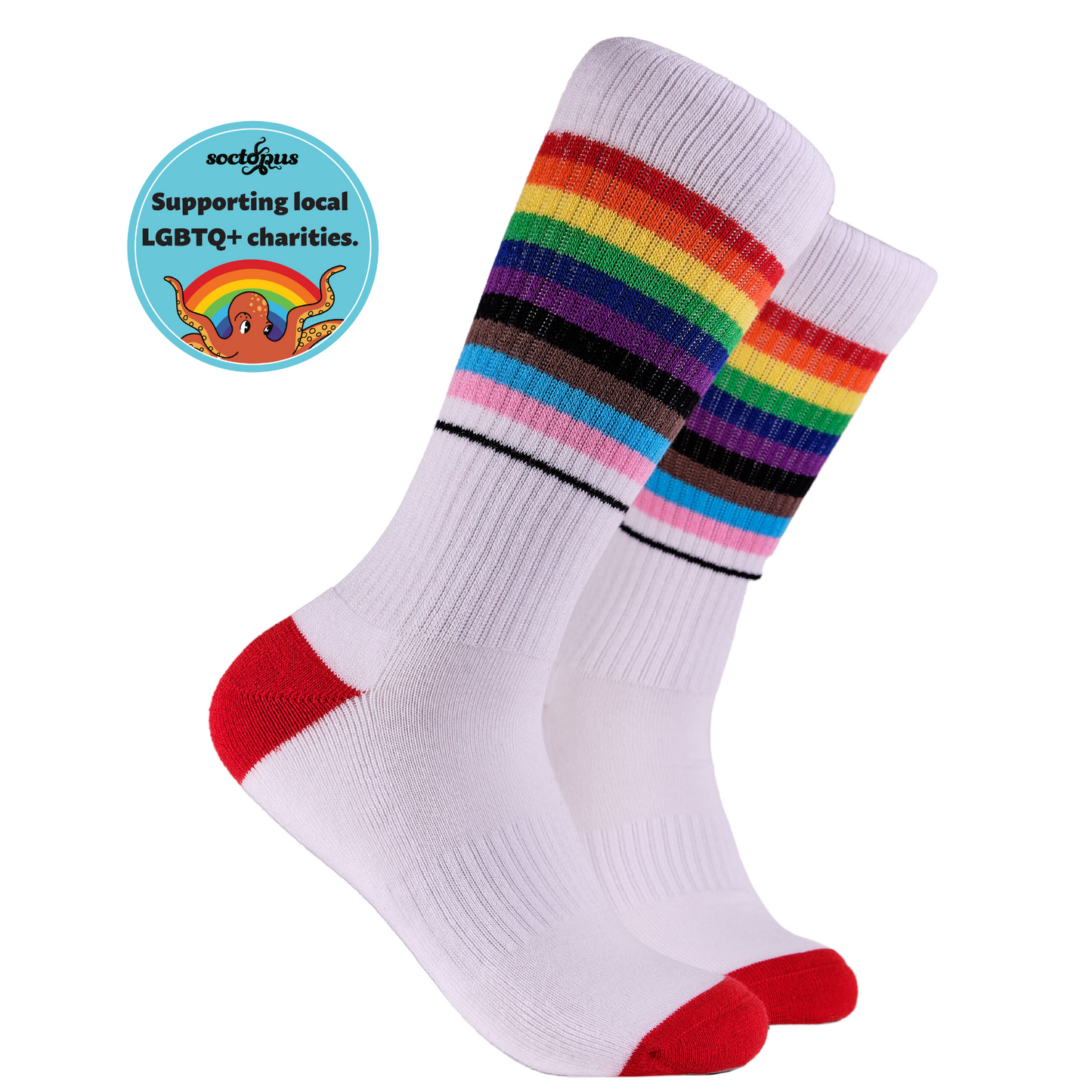 
                  
                    LGBTQA+ Socks - Pride Athletic. A pair of socks depicting the pride flag. White legs, white cuff, red heel and toe.
                  
                