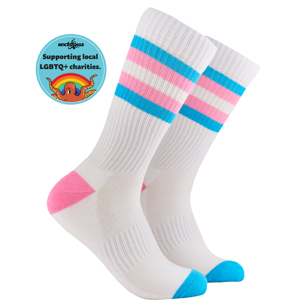 Trans Athletic Socks. A pair of socks depicting tea cups and tea pots. White legs, pink and blue striped cuff, heel and toe.