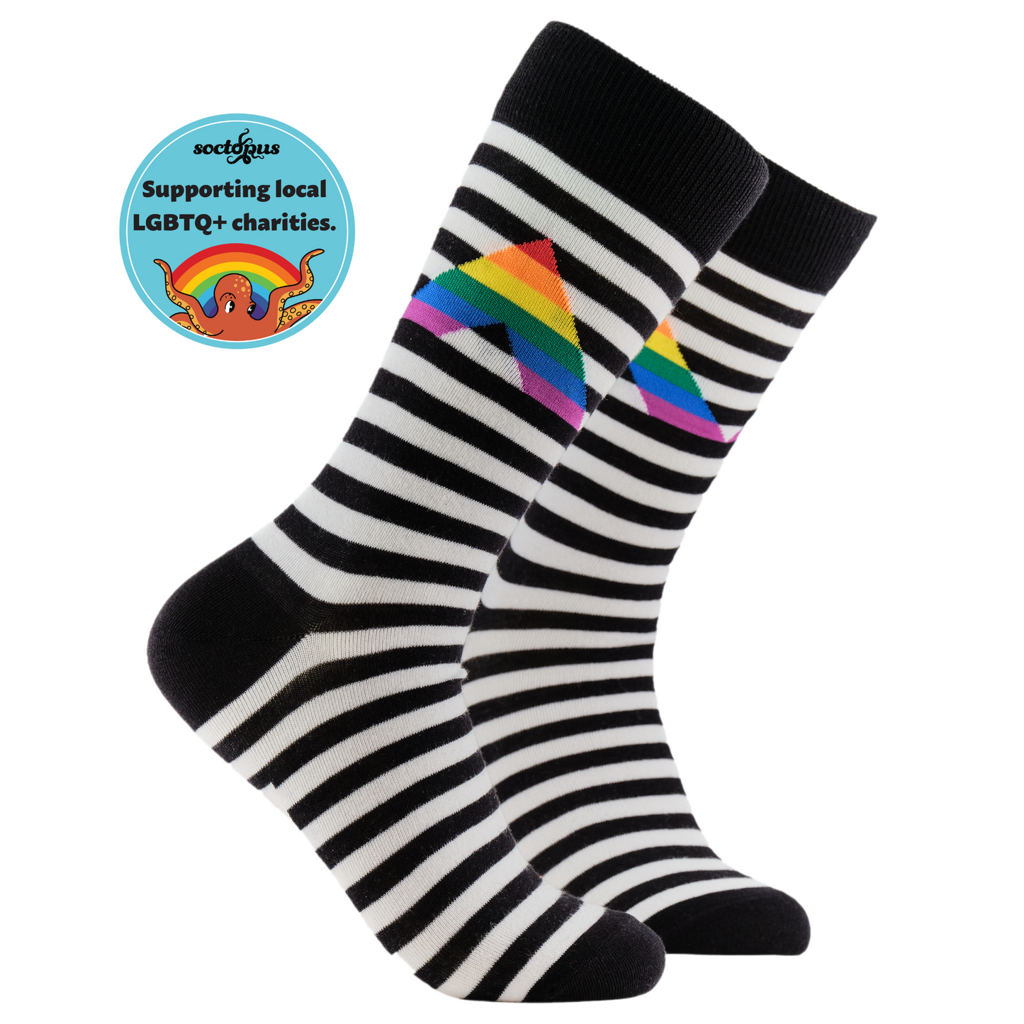 LGBTQA+ Socks - Ally. A pair of socks depicting a rainbow ally sign. Black and white striped legs, black cuff, heel and toe.