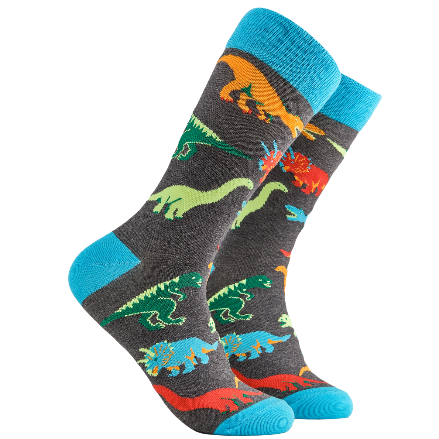 Dinosaur Socks - Jurassic. A pair of socks depicting dinosaurs. Grey legs, light blue cuff, heel and toe.