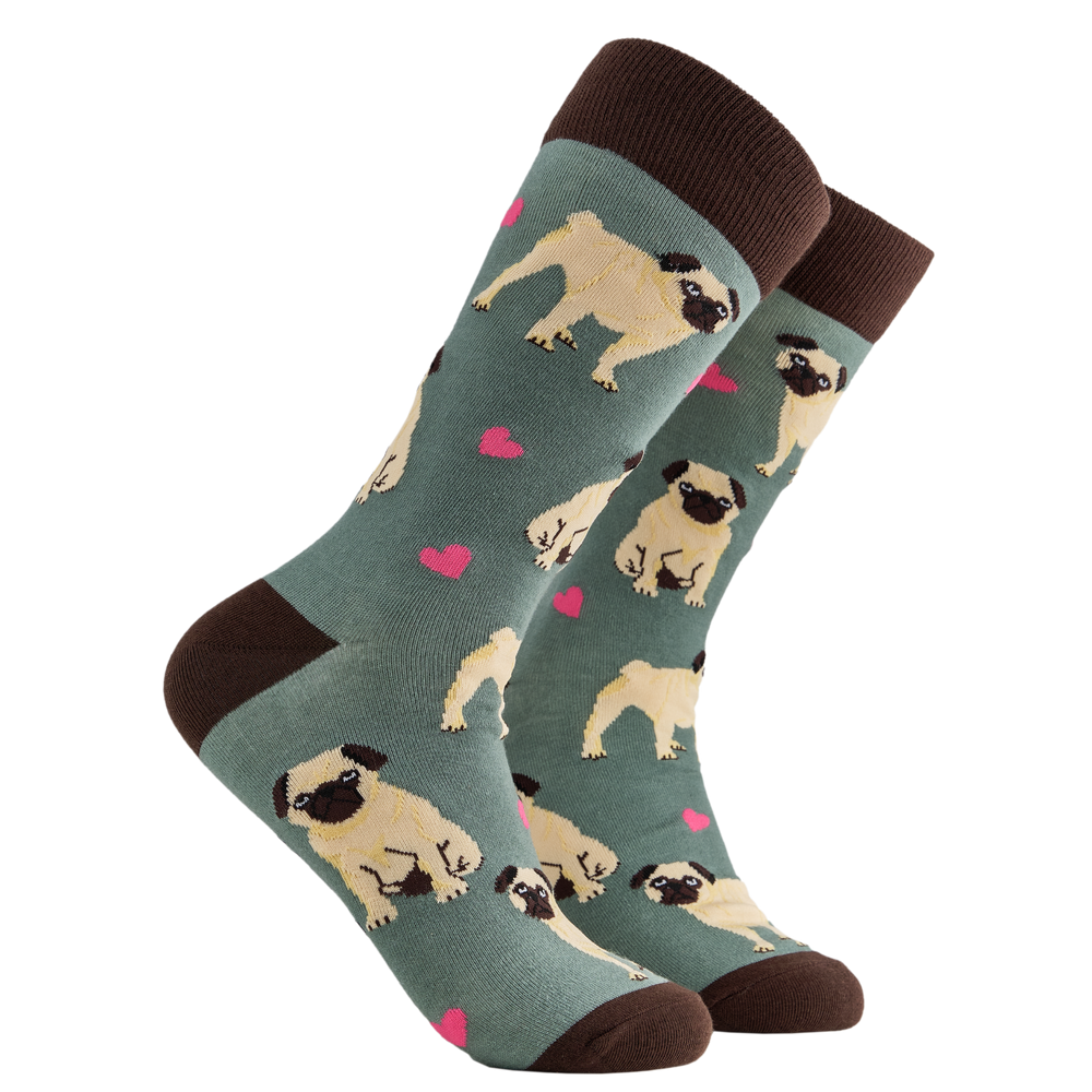 
                  
                    A pair of socks depicting hearts and pugs. Green legs, brown cuff, heel and toe
                  
                