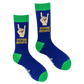 A pair of socks depicting metal horns that say 'Badass Grandad. Blue legs, green cuff, heel and toe.