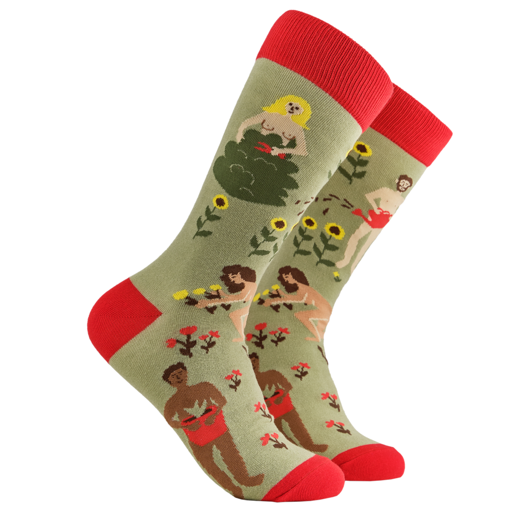 Gardening Socks - Naked Gardening 2. A pair of socks depicting naked gardeners. Green legs, red cuff, heel and toe.