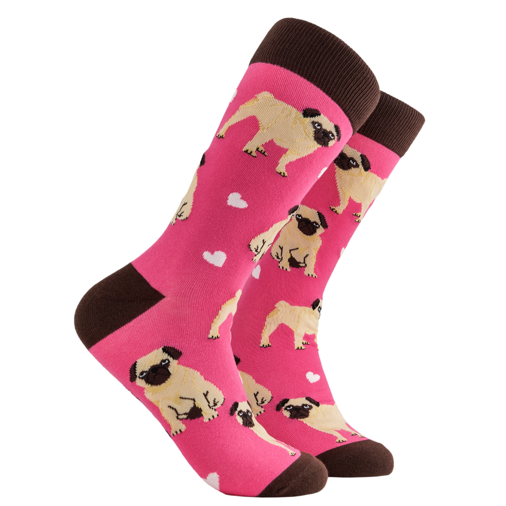 Pug Love Socks. A pair of socks depicting hearts and pugs. Pink legs, brown cuff, heel and toe.