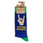 A pair of socks depicting metal horns that say 'Badass Grandad. Blue legs, green cuff, heel and toe. In packaging.