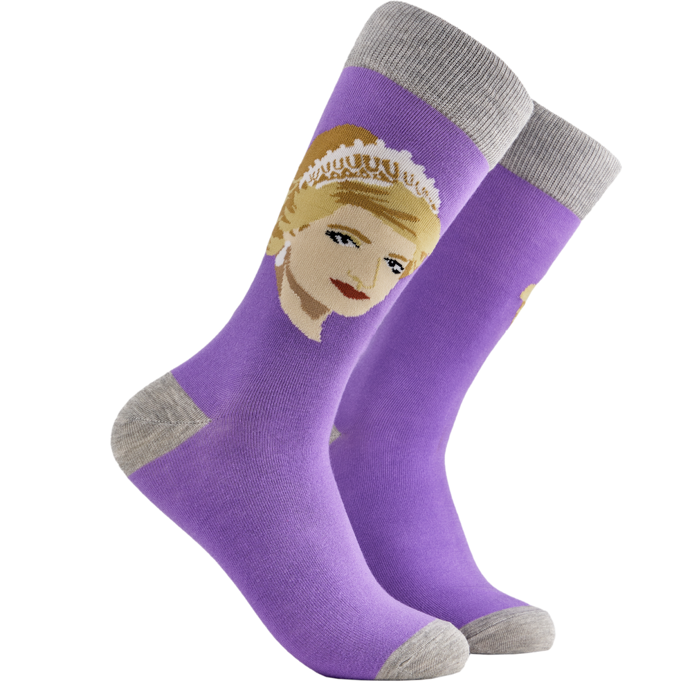 Princess Diana Socks - Lady Di 2. A pair of socks depicting princess Diana. Purple legs, grey cuff, heel and toe.