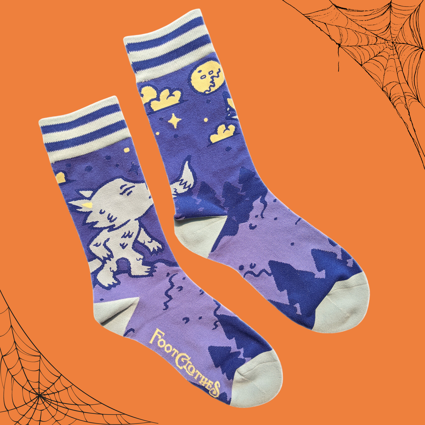 
                  
                    A pair of socks with a cool cute werewolf motif. Cream toes, heel and cuff. 
                  
                