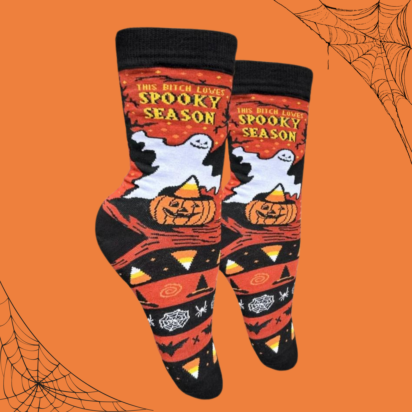 A pair of socks with a quintessential halloween pattern. Orange legs, black toe, heel and cuff. 