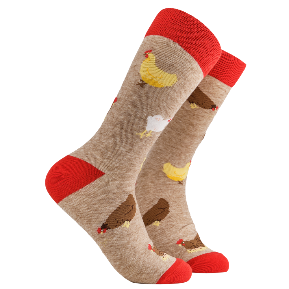 
                      
                        A pair of socks depicting different coloured chickens. Brown legs, red cuff, heel and toe.
                      
                    