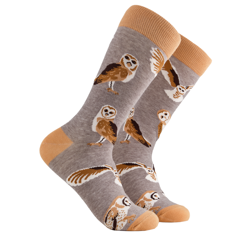 Owl Socks - What a Hoot. A pair of socks depicting brown owls. Grey legs, brown cuff, heel and toe.