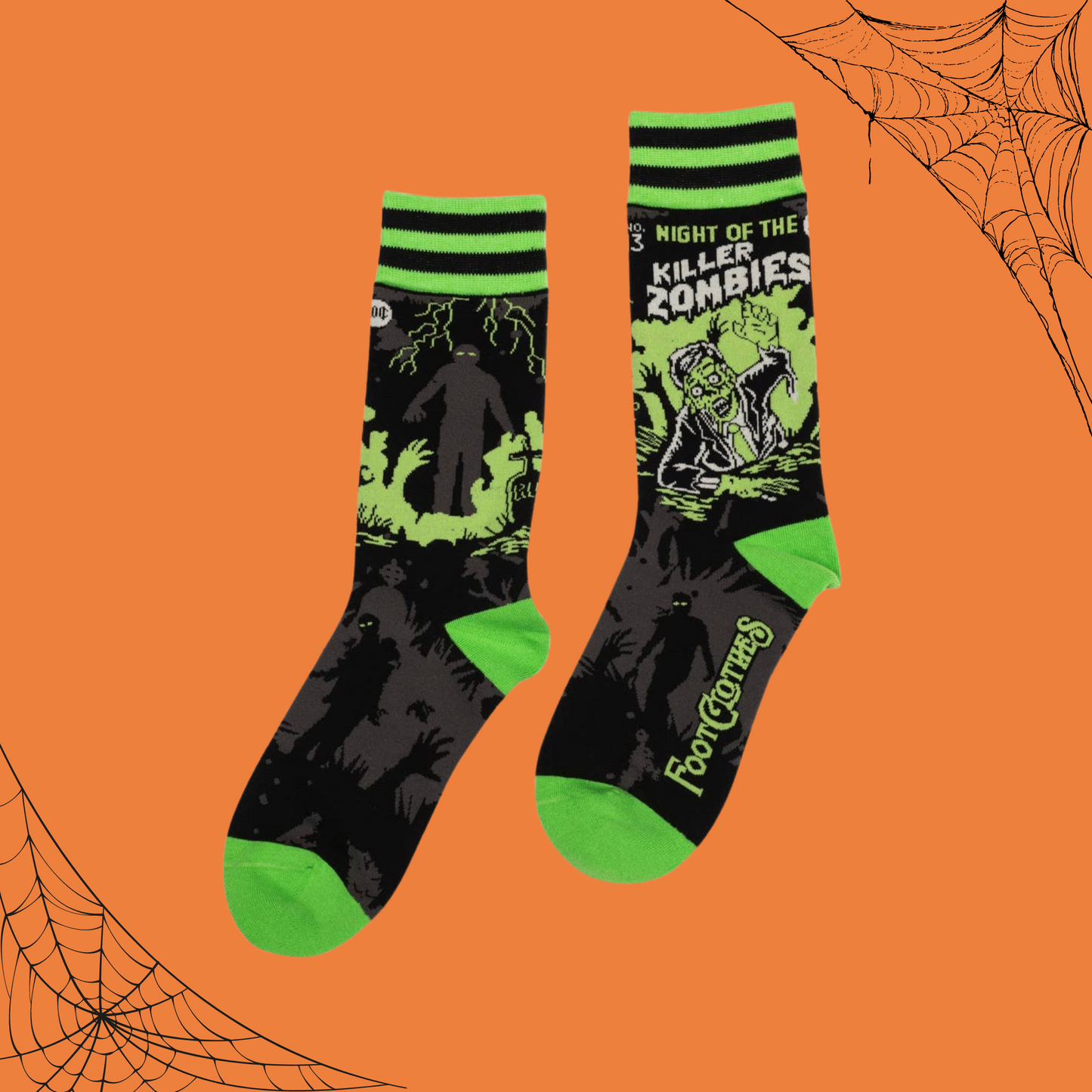 
                  
                    A pair of socks depicting classic zombie imagery. Green toe, heel and cuff. 
                  
                