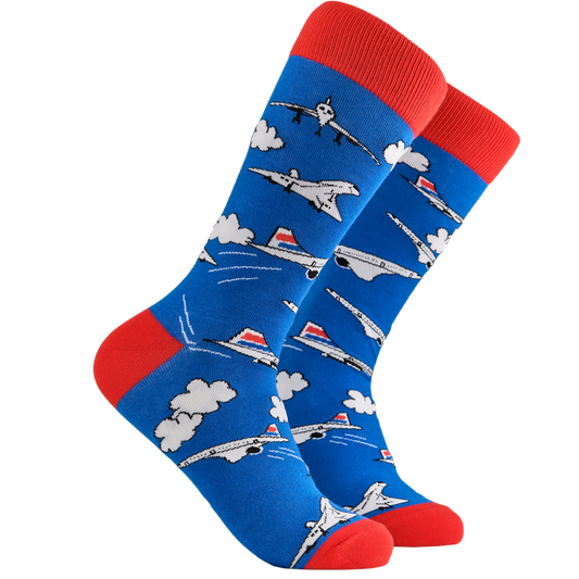 Concorde Socks - Supersonic 2. A pair of socks depicting the classic Concorde plane. Blue legs, red cuff, heel and toe.