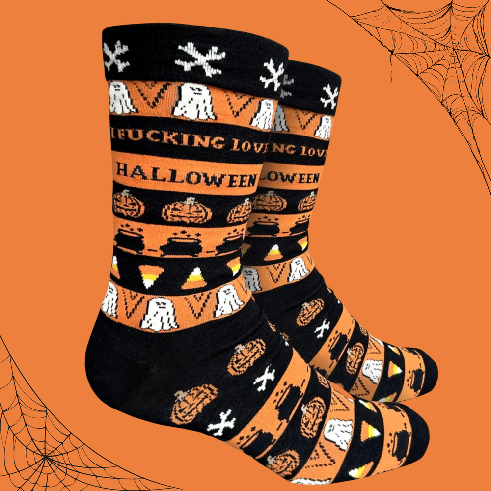 
                      
                        A pair of socks with a bold slogan. Halloween motif and black and orange stripes. 
                      
                    