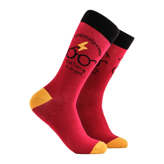 Harry Potter Socks - Up to No Good. A pair of socks depicting Harry Potter glasses. Red legs, black cuff, yellow heel and toe.