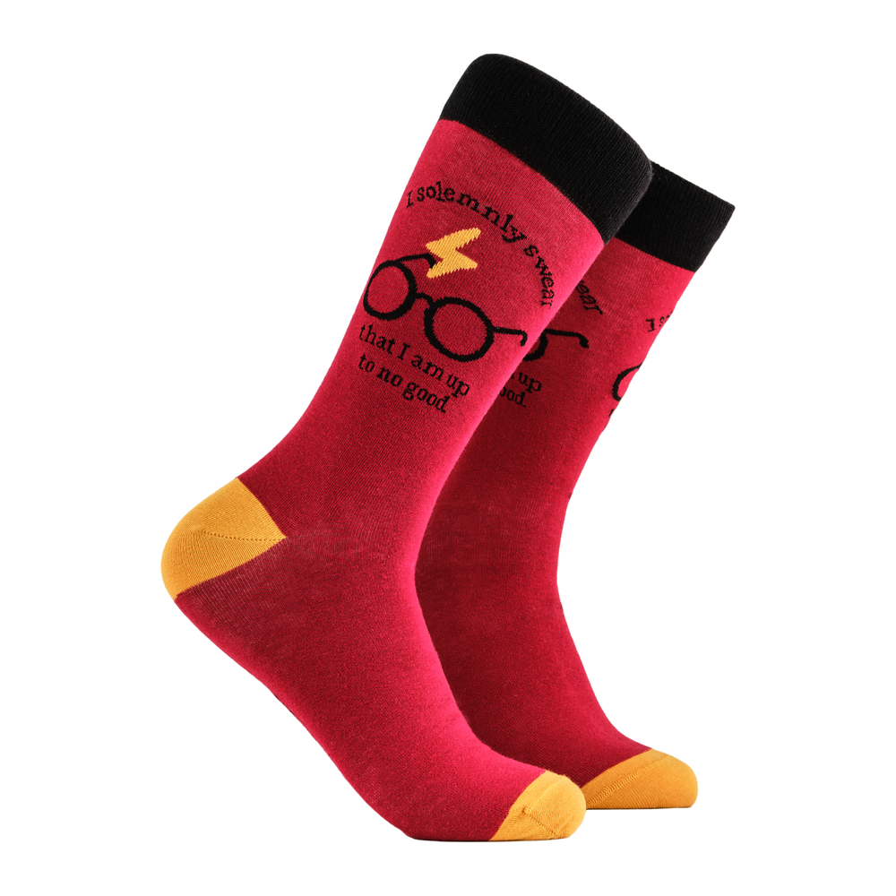 Harry Potter Socks - Up to No Good. A pair of socks depicting Harry Potter glasses. Red legs, black cuff, yellow heel and toe.