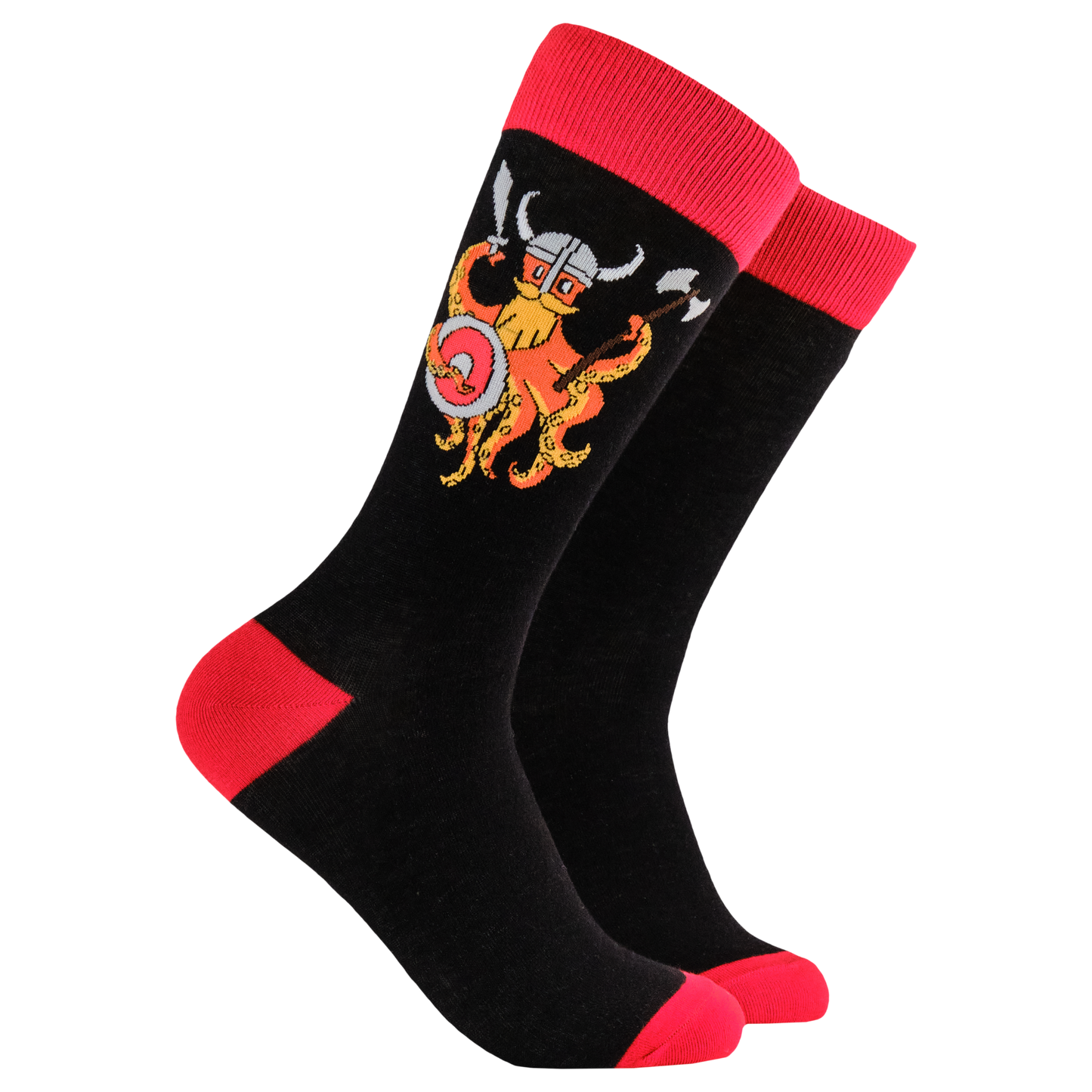 Viking Socks. A pair of socks depicting the Soctopus mascot dressed as a viking. Black legs. Red toes, heels, cuffs. 