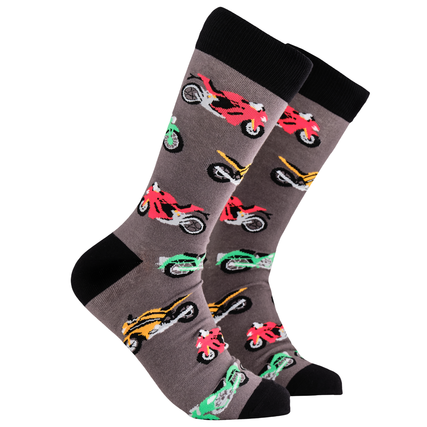 Motorbike Socks - Va Va Voom. A pair of socks depicting different coloured racing bikes. Grey legs, black cuff, heel and toe.