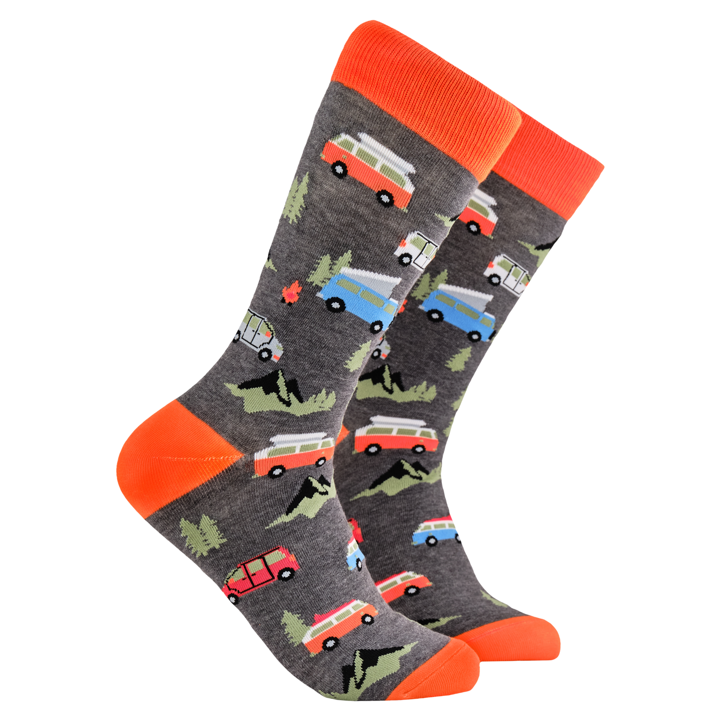Camper Van Socks - Van Life. A pair of socks depicting red and blue vintage camper van. Grey legs, orange cuff, heel and toe.