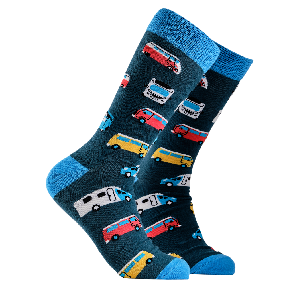 Camper Van Socks - Van Life 2. A pair of socks depicting campervans. Dark blue legs, light blue cuff, heel and toe.