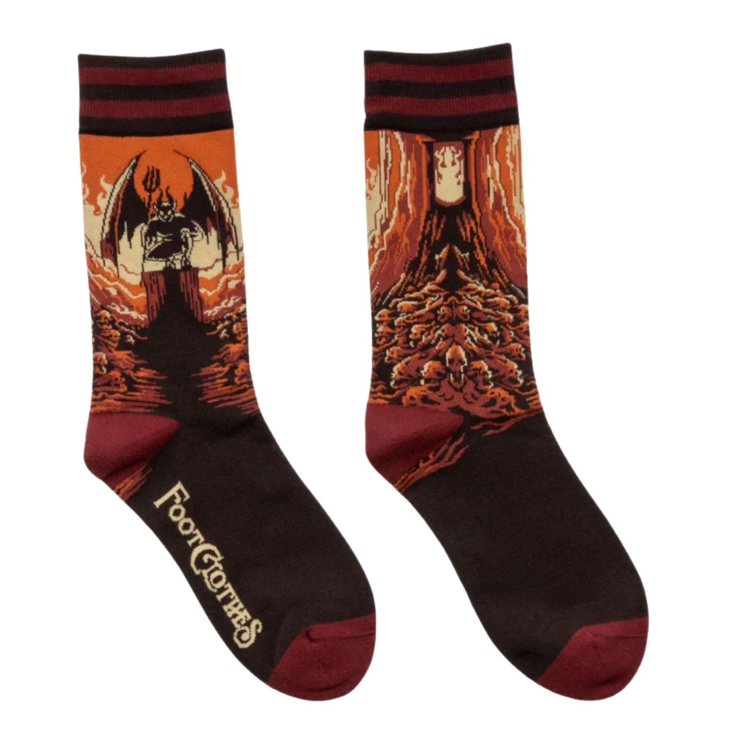 Heresy Crew Socks. A pair of socks featuring a devil on a pile of skulls. Brown legs, red heel, toe and cuff. 