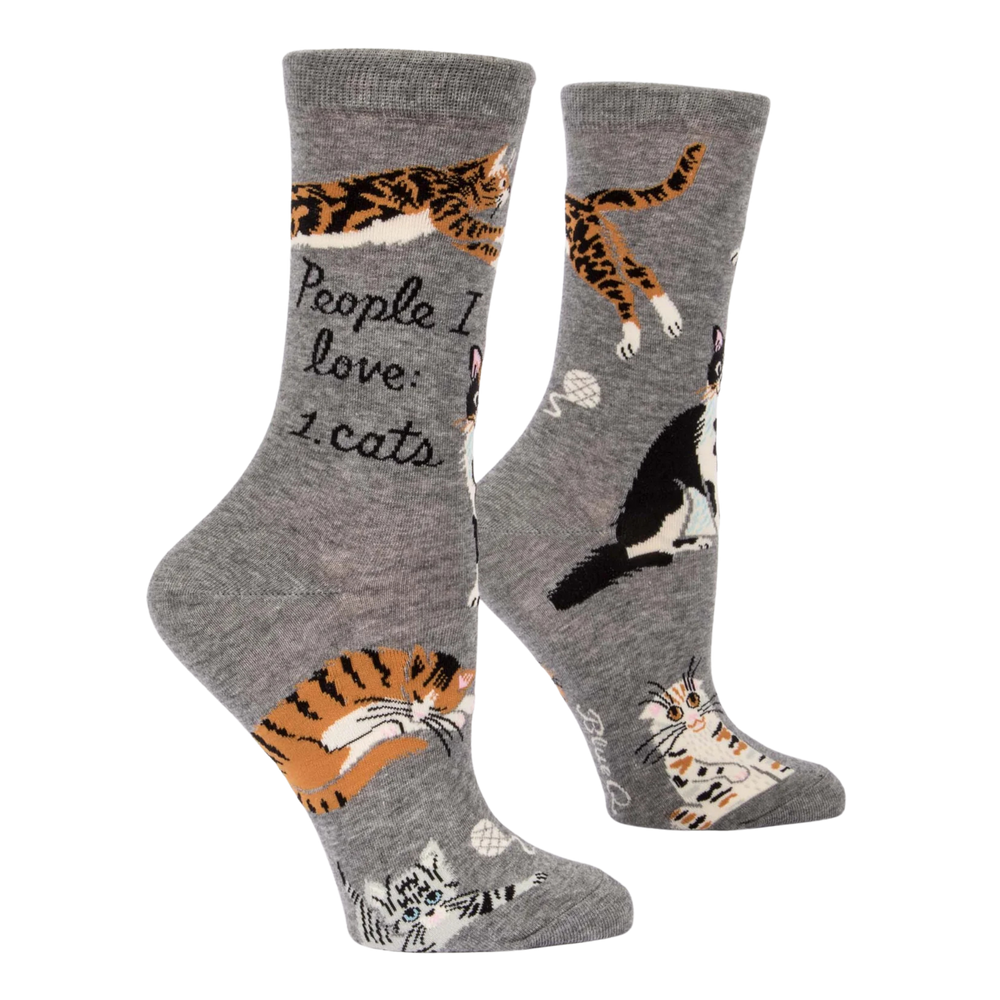 
                      
                        People I Love, Cats Socks. A pair of socks featuring playful cats. Grey legs, heel, toe and cuff. 
                      
                    