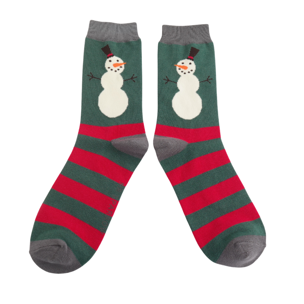 Snowmen Stripes Bamboo Socks - Miss Sparrow. A pair of socks with a festive snowman motif. Striped red and green legs. Grey hee, to and cuff. 